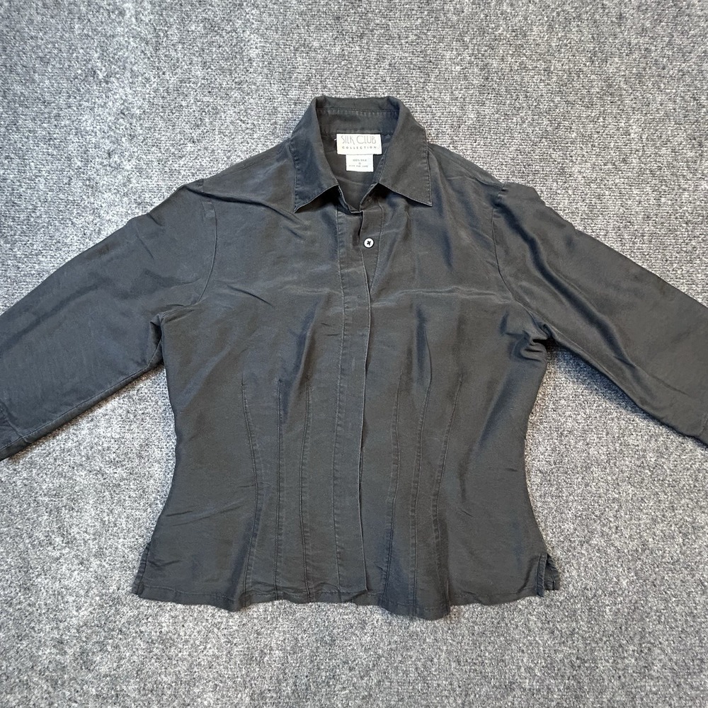 Vtg Silk Club Collection 100% Silk Black Fitted Blouse 3/4 Sleeve Sz S
